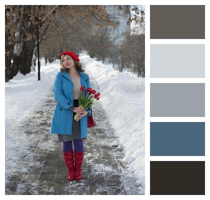 Winter Woman Red Tulips Image